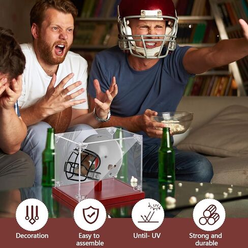 حافظة عرض خوذة صغيرة من الأكريليك الشفاف لخوذة كرة القدم الصغيرة حافظة عرض للحماية من الأشعة فوق البنفسجية حجم صغير حامل خوذة كرة القدم مع قاعدة خشبية لمقتنيات التذكارات in Kuwait