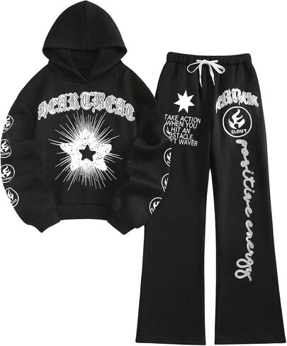 SweatyRocks Women's 2 Piece Outfit Letter Graphic Long Sleeve Hoodies and Sweatpants Sets in Saudi Arabia