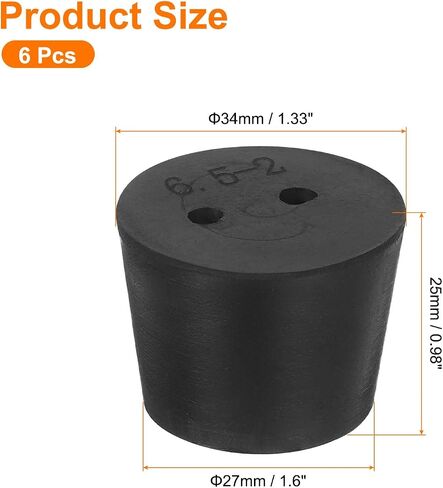 uxcell 6 Pcs 2-Hole Rubber Stopper, Tapered Lab Seal Tube Stopper Plug for Test Tube Flasks Glass Containers Industry and Laboratories, 34x27x25mm Black in Saudi Arabia