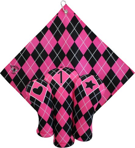 Women's Argyle Golf Club Headcover 4 Piece Gift Set- Includes 1 Driver, 1 Fairway, 1 Hybrid and 1 Matching Microfiber 18" x18' Sports Towel with Carabiner Clip Handmade in USA (Purple) in Saudi Arabia