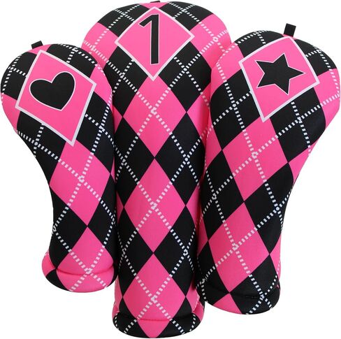 Women's Argyle Golf Club Headcover 4 Piece Gift Set- Includes 1 Driver, 1 Fairway, 1 Hybrid and 1 Matching Microfiber 18" x18' Sports Towel with Carabiner Clip Handmade in USA (Purple) in Saudi Arabia