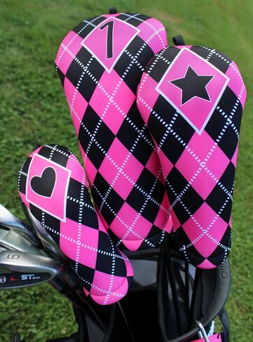 Women's Argyle Golf Club Headcover 4 Piece Gift Set- Includes 1 Driver, 1 Fairway, 1 Hybrid and 1 Matching Microfiber 18" x18' Sports Towel with Carabiner Clip Handmade in USA (Purple) in Saudi Arabia