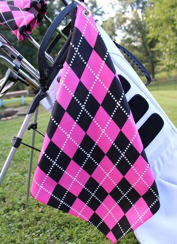 Women's Argyle Golf Club Headcover 4 Piece Gift Set- Includes 1 Driver, 1 Fairway, 1 Hybrid and 1 Matching Microfiber 18" x18' Sports Towel with Carabiner Clip Handmade in USA (Purple) in Saudi Arabia