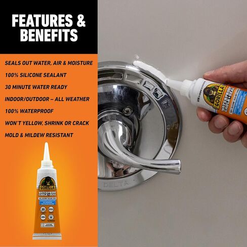 Gorilla Waterproof Caulk & Seal 100% Silicone Sealant, 2.8oz Squeeze Tube, White (Pack of 6) in Saudi Arabia