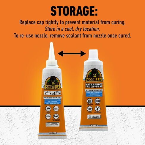Gorilla Waterproof Caulk & Seal 100% Silicone Sealant, 2.8oz Squeeze Tube, White (Pack of 6) in Saudi Arabia