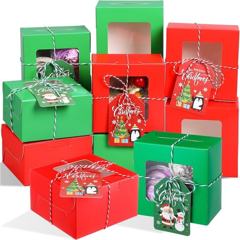 Maxcheck 50 Pcs Christmas Cookie Boxes with Window 4 x 4 x 2.8 Inches Bakery Boxes Cupcake Boxes with Rope and Card Small Treat Boxes for Mini Cake Pastry Dessert Cupcakes Candy Donut Packaging in Saudi Arabia