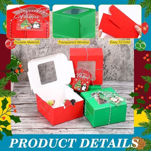 Maxcheck 50 Pcs Christmas Cookie Boxes with Window 4 x 4 x 2.8 Inches Bakery Boxes Cupcake Boxes with Rope and Card Small Treat Boxes for Mini Cake Pastry Dessert Cupcakes Candy Donut Packaging in Saudi Arabia