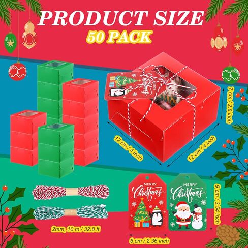 Maxcheck 50 Pcs Christmas Cookie Boxes with Window 4 x 4 x 2.8 Inches Bakery Boxes Cupcake Boxes with Rope and Card Small Treat Boxes for Mini Cake Pastry Dessert Cupcakes Candy Donut Packaging in Saudi Arabia