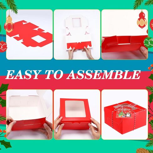 Maxcheck 50 Pcs Christmas Cookie Boxes with Window 4 x 4 x 2.8 Inches Bakery Boxes Cupcake Boxes with Rope and Card Small Treat Boxes for Mini Cake Pastry Dessert Cupcakes Candy Donut Packaging in Saudi Arabia