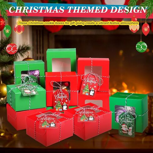 Maxcheck 50 Pcs Christmas Cookie Boxes with Window 4 x 4 x 2.8 Inches Bakery Boxes Cupcake Boxes with Rope and Card Small Treat Boxes for Mini Cake Pastry Dessert Cupcakes Candy Donut Packaging in Saudi Arabia