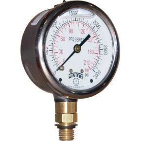 Winters PFQ Series Dual Scale Liquid Filled Pressure Gauge with Brass Internal, 2-1/2" Dial, 0-3000 psi/bar Range, +/-1.5% Accuracy, 7/16"-20 Male SAE Bottom Connection
