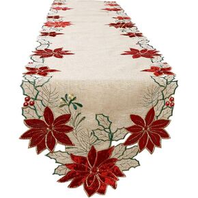 OWENIE Christmas Table Runner 90 Inches Long, Embroidered Red Poinsettia Table Runner for Xmas Holiday Decorations , Linen Textured Fabric Dresser Scarf, Machine Washable