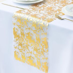 NLUS 2 PCS Gold Table Runner, 11"x108" Per Roll Sequin Glitter Foil Metallic Gold Thin Mesh Table Runner, Gold Table Decorations for Party Wedding Birthday Christmas Decor