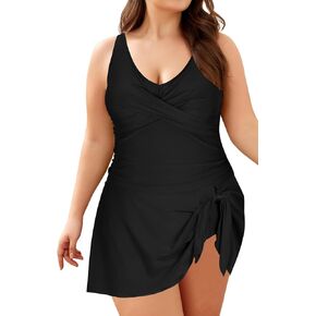 SHEKINI Women‘s Plus Size Tummy Control Bathing Suits Ruched V Neck One Piece Swimsuit Criss Cross Modest Swimdress