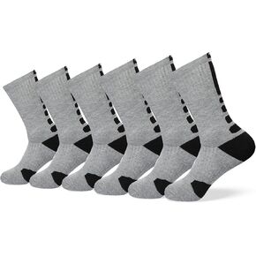 VNG Premium Gray Athletic Crew Socks for Boys and Men Sizes 6-13, 6 Pairs Mid-Calf, Cushioned Sport Socks for Basketball, Football, Baseball, Running, Hiking in Gray with Black Stripe