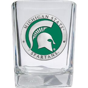 Michigan State University Square Shot Glass | Hand-Sculpted 1.5 Ounce Shot Glass | Intricately Crafted Metal Pewter Alma Mater Inlay