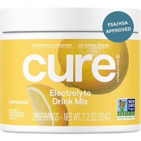 Cure Hydration | Plant-Based Electrolyte Drink Mix | No Added Sugar | Dehydration Relief Powder Made with Coconut Water | Non-GMO | Vegan | FSA & HSA | 28 Servings Jar - Lemonade