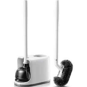 HAMITOR Toilet Plunger Bowl Brush Set: Curved Bristle with Holder for Deep Cleaning Under Rim - Heavy Duty Plunger Scrubber Combo with Ventilated Holder - Bathroom Accessories for Small Space - White