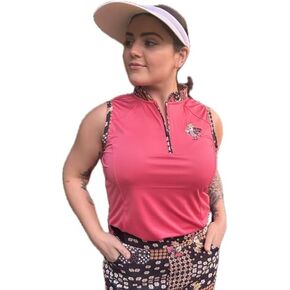 Golf Apparel for Women - Sleeveless Polo Top - Coral Black Brown Unique Pattern Mix and Match
