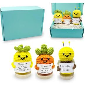 3PC Mini Funny Positive Potato, 3 inch Knitted Doll with Positive Card for Cheer Up Gifts and Party Decorations, Cute Positive Potato Crochet Doll for Birthday Gifts (Carrot+ Pinapple+ bee)