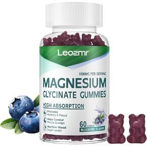 Magnesium Glycinate Gummies 1000mg - Sugar Free Magnesium Potassium Supplement with Vitamin D, B6, CoQ10 for Calm Mood & Sleep Support - 60 Blueberry Gummies