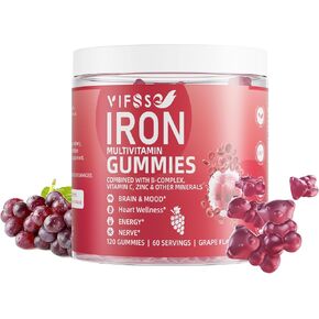 Iron Gummies Sugar Free, 120 Gummies Iron Supplement for Women Multivitamin with Iron, Vitamins & Zinc for Women, Men & Kids- Grape Flavor, Vegan Supplement, Folate for Energy- No After Taste