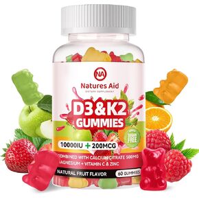 Sugar-Free Vitamin D3 K2 Gummies with Calcium + K2 (MK-7), Magnesium Citrate, Vitamin C, Extra Strength - Ultimate Absorption for Bone Muscle Teeth Immune, Vegan - 60 Gummies