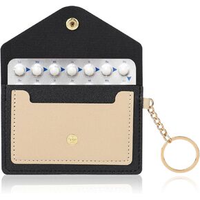1 Pack Birth Control Pill Case Sleeve Packet 4.3 X 3 Inch PU Leather Wallet Pill Holder Privacy Protection Birth Control Pill Wallet with Key Ring for Pill Card Organizer(Black)