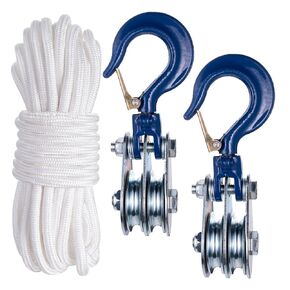 1Ton Four Cable Pulley Block, Heavy Duty Pulley System, Lifting Block Hoist with Hook and 65ft Nylon Rope 0.31"