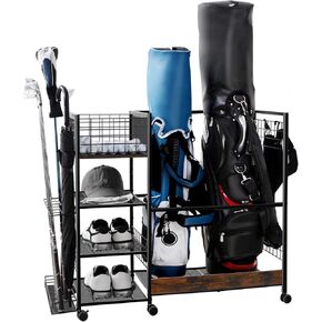 Golf Bag Stand with 2 Hooks, Golf Bag Organizer for Garage, Storage Rack for 2 Golf Bags,Golf Storage Organizer with Wheels, Sports Equipment Organize, Accessories for Golf Equipment, Golf Club Holder