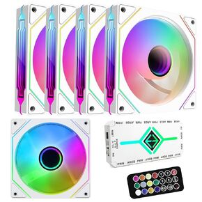 RGB Fans:5pack 120mm PWM ARGB Case Fan with Fan Hub and Remote,Speed Control,PWM Control Fan for Computer Case and Liquid Cooling System,White