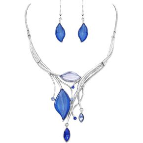 Rosemarie Collections Women's Colorful Resin Leaf And Crystal Design Statement Bib Necklace Earrings Set, 14"+3" Extender