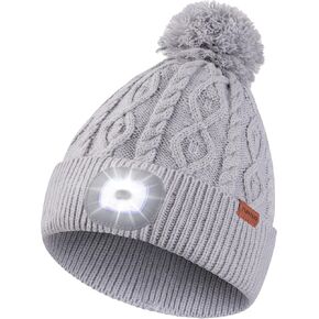 YunTuo Unisex LED Beanie with Pom-Pom, USB Rechargeable Headlamp Hat Stocking Cap Stuffers Gifts for Men Women