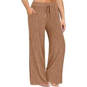 CARCOS Plus Size Pants for Women Ribbed Knit Lounge Pants Elastic High Waist Palazzo Pants Casual Wide Leg Pants with Pockets