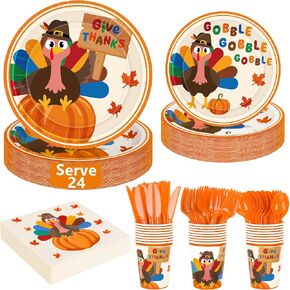 168 PCS Thanksgiving Plates and Napkins, Serve 24 Guests Disposable 9″ 7″ Fall Paper Plates, Thanksgiving Napkins Cups Cutlery, Friendsgiving Plates Dinnerware for Thanksgiving Party Supplies