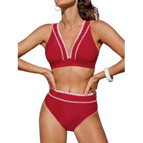 CUPSHE Women's Bikini Sets Two Piece Swimsuit High Waisted V Neck Crisscross Back Self Tie Color Block Wide Straps