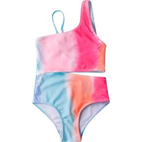 LIZENS Girls' One-Piece Swimwear Cute Rainbow One Shoulder Swimsuits for Girls Size 2-12