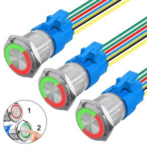 3 Pack 19mm Two Colors Self-Locking Metal Push Button Switch with Pre-Wired Stainless Steel Red Green Swap 12V 24 Volt 5A LED Waterproof Latching 7 Pin Switch for Car Boat (Red and Green)