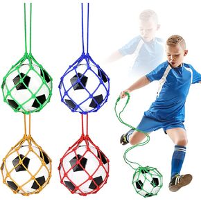 4 PCS Soccer Ball Net, Soccer Training, Soccer Ball Bag Fits Size 3 4 5 Soccer Ball, Long 47.2 in (1.2m) Used Soccer Ball Elasticity Training, Children's Kicking Practice (Blue Green Red Yellow)