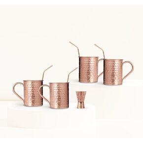 Cocktail Drinkware Bundle - Classic Pure Copper Set of 04 Cylinder Mugs with 04 EcoSip Reusable Solid Copper Straws (8-inch Long) and 01 Elite Precision Jigger.