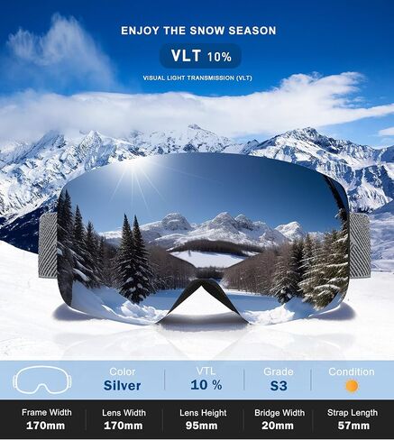 NSSIW Ski Goggles for Men Women Youth, OTG Snow Goggles with UV Protection and Anti Fog Vlt 10% (Black/Silver/Grey) in Saudi Arabia