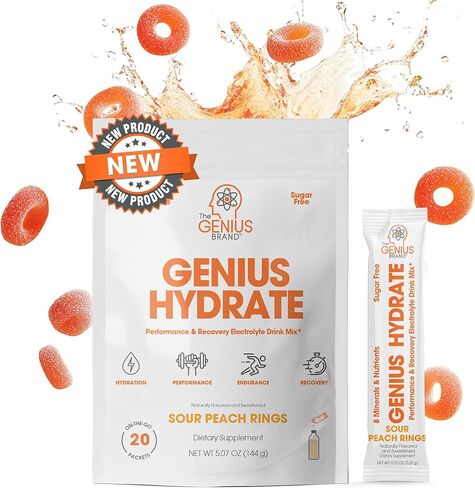 Genius Hydrate Stick Pack Powder Drink Mix - Sour Peach Rings Flavor, Natural Electrolyte Booster with Coconut Water & Potassium for Ultimate Hydration -20 Packets in Saudi Arabia