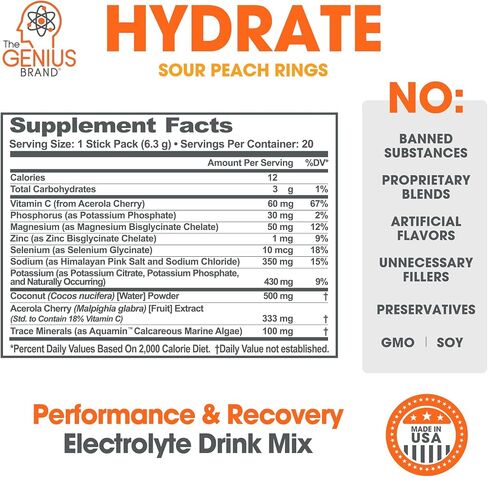 Genius Hydrate Stick Pack Powder Drink Mix - Sour Peach Rings Flavor, Natural Electrolyte Booster with Coconut Water & Potassium for Ultimate Hydration -20 Packets in Saudi Arabia