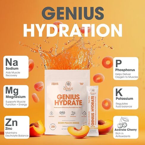 Genius Hydrate Stick Pack Powder Drink Mix - Sour Peach Rings Flavor, Natural Electrolyte Booster with Coconut Water & Potassium for Ultimate Hydration -20 Packets in Saudi Arabia
