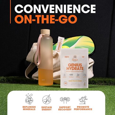 Genius Hydrate Stick Pack Powder Drink Mix - Sour Peach Rings Flavor, Natural Electrolyte Booster with Coconut Water & Potassium for Ultimate Hydration -20 Packets in Saudi Arabia