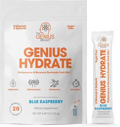 Genius Hydrate Stick Pack Powder Drink Mix - Sour Peach Rings Flavor, Natural Electrolyte Booster with Coconut Water & Potassium for Ultimate Hydration -20 Packets in Saudi Arabia