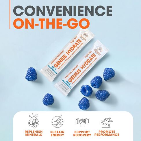 Genius Hydrate Stick Pack Powder Drink Mix - Sour Peach Rings Flavor, Natural Electrolyte Booster with Coconut Water & Potassium for Ultimate Hydration -20 Packets in Saudi Arabia