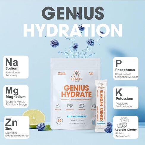 Genius Hydrate Stick Pack Powder Drink Mix - Sour Peach Rings Flavor, Natural Electrolyte Booster with Coconut Water & Potassium for Ultimate Hydration -20 Packets in Saudi Arabia