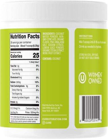 Cure Hydration | Plant-Based Electrolyte Drink Mix | No Added Sugar | Dehydration Relief Powder Made with Coconut Water | Non-GMO | Vegan | FSA & HSA | 28 Servings Jar - Lemonade in Saudi Arabia