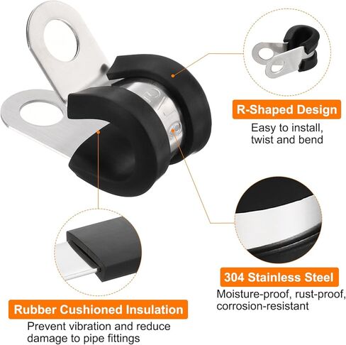 HARFINGTON 24pcs 304 Stainless Steel Cable Clamps 3/8 Inch Rubber Cushioned Insulated Clamp Metal Loop Pipe Clamp for Tube Pipe Wire Cord Installation in Kuwait